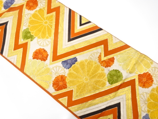 アンティーク　変わり松皮菱に菊模様織り出し袋帯（材料）